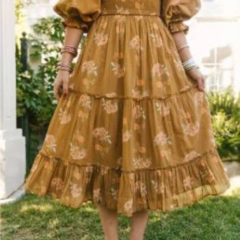 Ivy City Co Madeline in Celeste Gold Midi Sundress with Bishop Sleeves